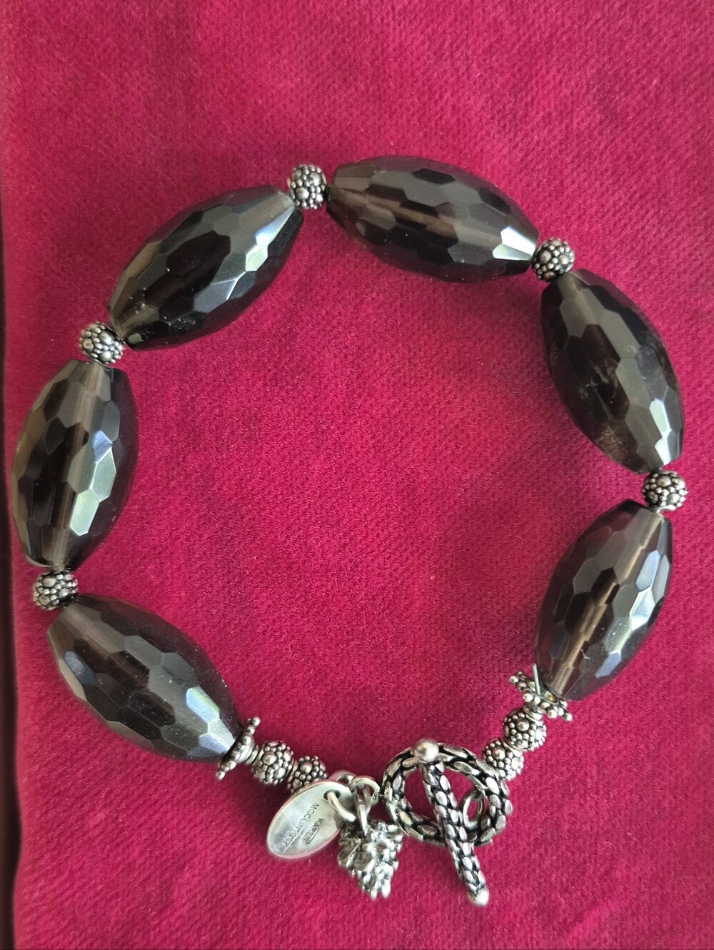 Karen McClintock SIGNED 925 Sterling Smoky Quartz Faceted Bead Toggle Bracelet